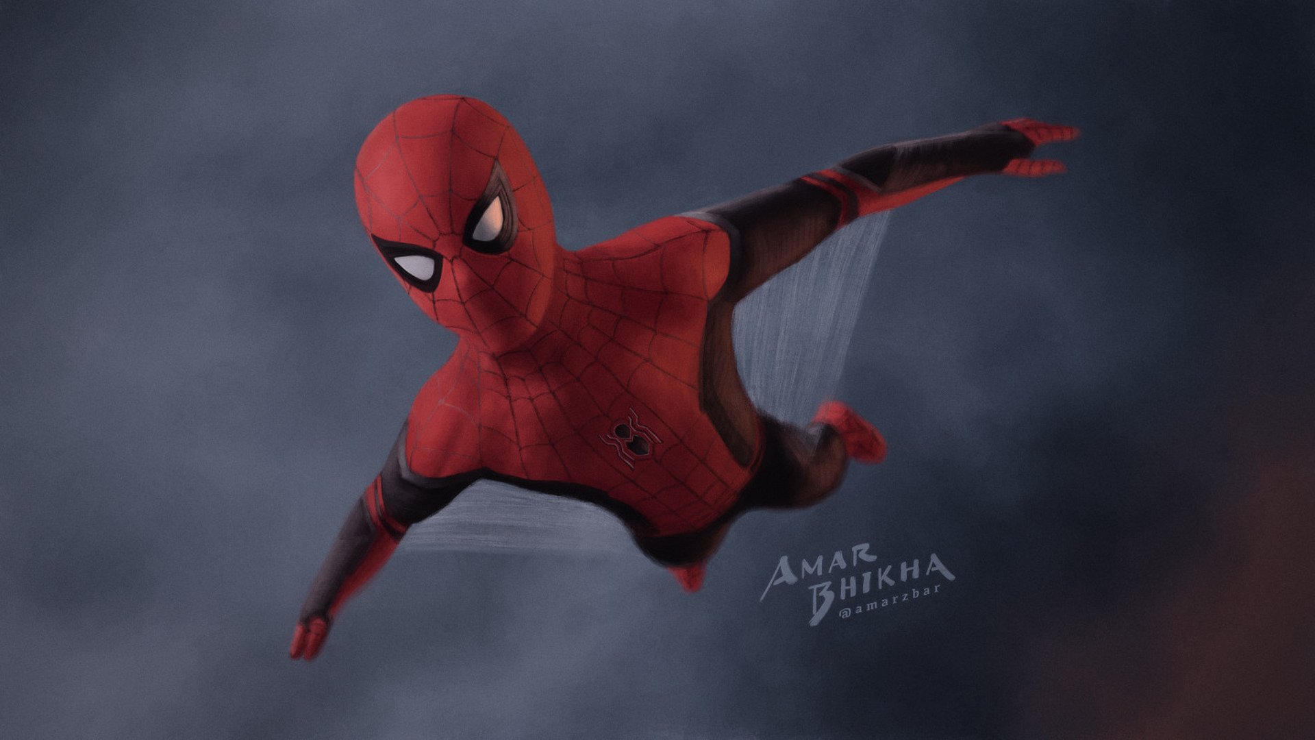 HD PC desktop wallpaper featuring Spider-Man in action from the movie Spider-Man: Far From Home against a dark, cloudy background.