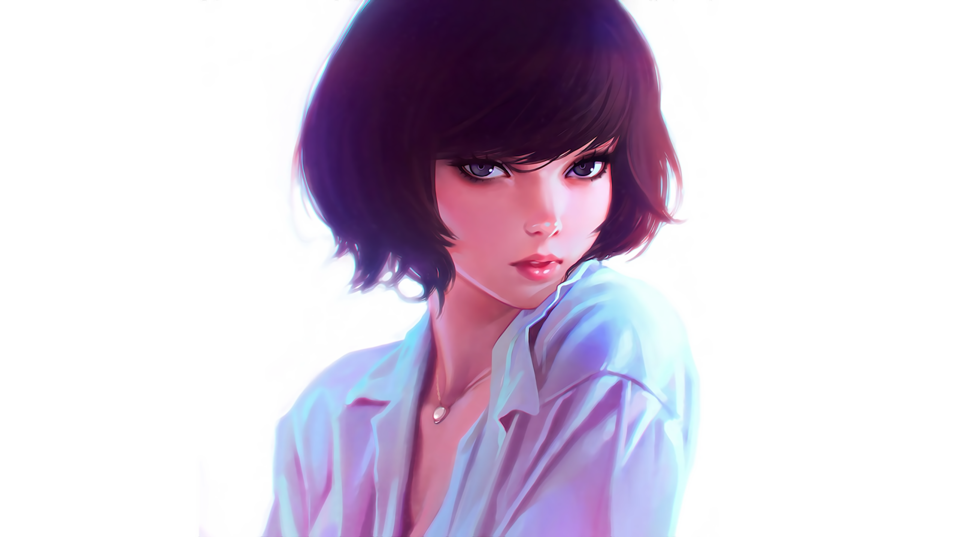 HD desktop wallpaper featuring an original anime artwork of a young woman with short dark hair, wearing a loose, unbuttoned shirt against a soft, light-colored background.