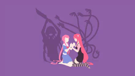 Minimalist vector HD anime desktop wallpaper featuring a crossover of Lucy from Elfen Lied and Yuno Gasai from Mirai Nikki with their dark shadows against a purple background.