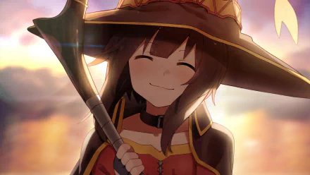HD desktop wallpaper featuring Megumin from the anime KonoSuba: God's Blessing on This Wonderful World!! smiling with her staff, set against a beautiful sunset background.