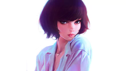HD desktop wallpaper featuring an original anime artwork of a young woman with short dark hair, wearing a loose, unbuttoned shirt against a soft, light-colored background.