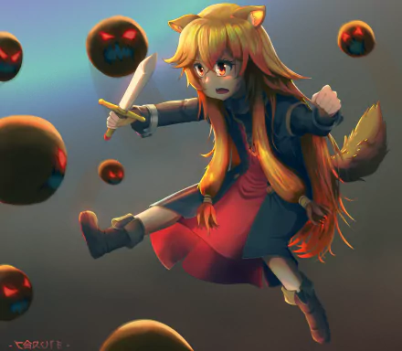 HD wallpaper featuring Raphtalia from The Rising of the Shield Hero anime, depicted in a dynamic action pose with glowing orbs around her.