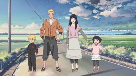 A HD desktop wallpaper from Boruto: Naruto the Movie featuring Naruto Uzumaki, Hinata Hyuga, Boruto Uzumaki, and Himawari Uzumaki standing on a road with a scenic background.
