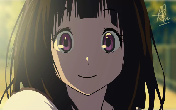 Close-up of Eru Chitanda from the anime Hyouka with black hair and large expressive eyes in a 4K Ultra HD PC desktop wallpaper style.