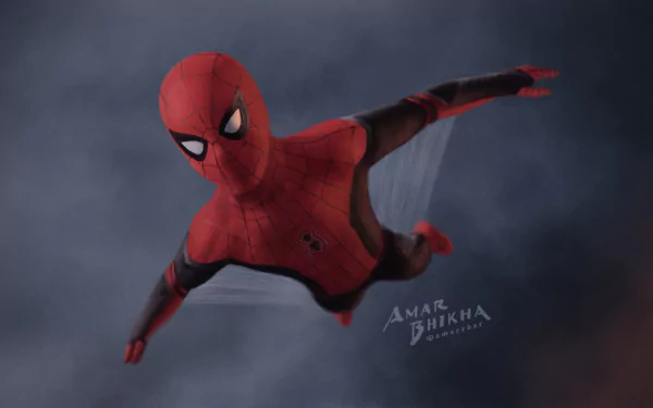 HD PC desktop wallpaper featuring Spider-Man in action from the movie Spider-Man: Far From Home against a dark, cloudy background.