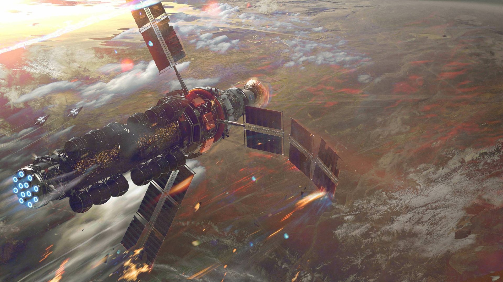 HD PC desktop wallpaper depicting a sci-fi spaceship satellite orbiting above a planet with glowing atmospheric effects.