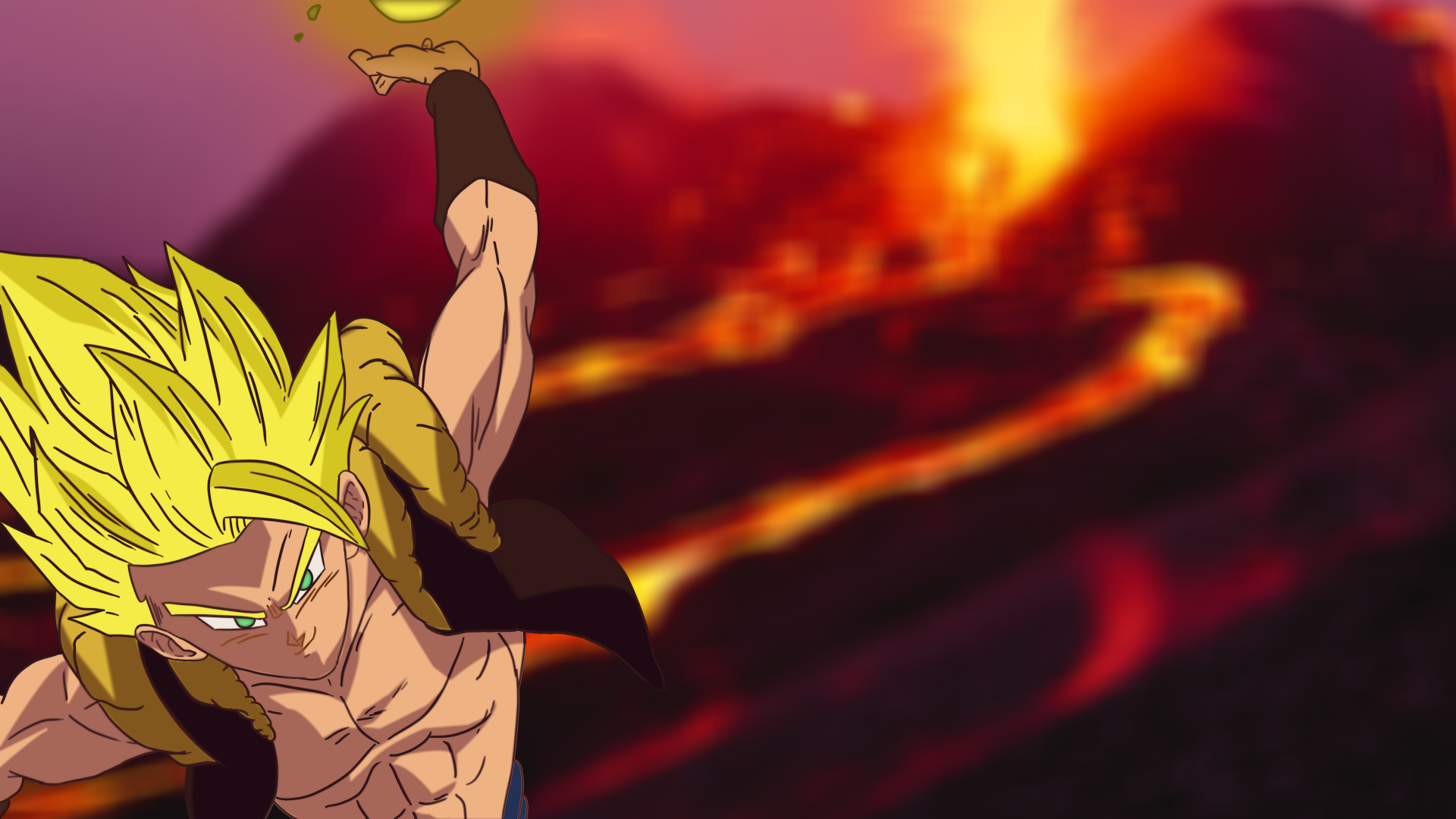 Gogeta from Dragon Ball Super with glowing yellow hair, set against a fiery volcanic eruption background in an 8K Ultra HD anime desktop wallpaper.