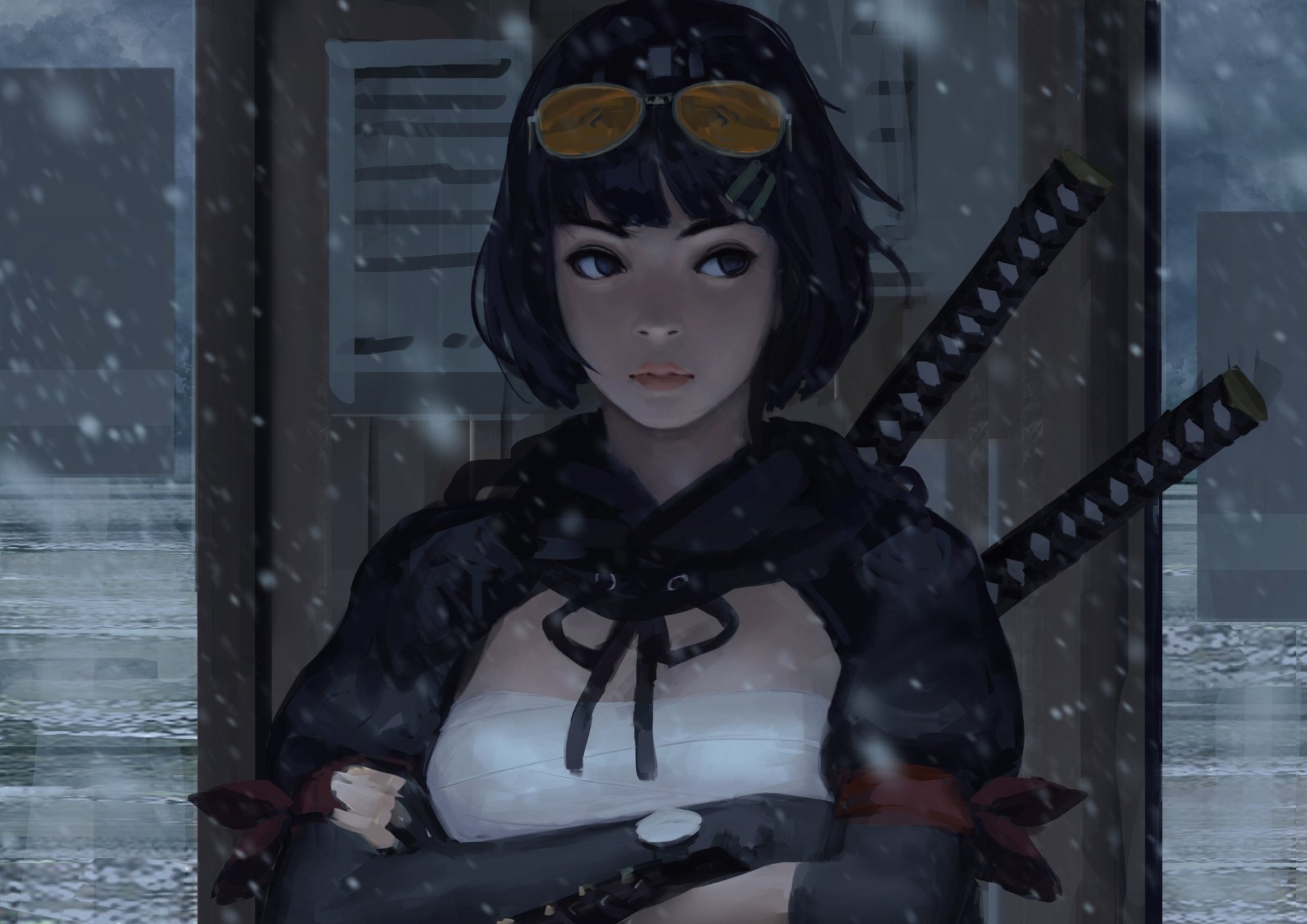 HD desktop wallpaper of a short-haired woman warrior in a fantasy setting, wearing dark clothing and carrying two swords. Snow is falling, and she stands confidently with arms crossed.
