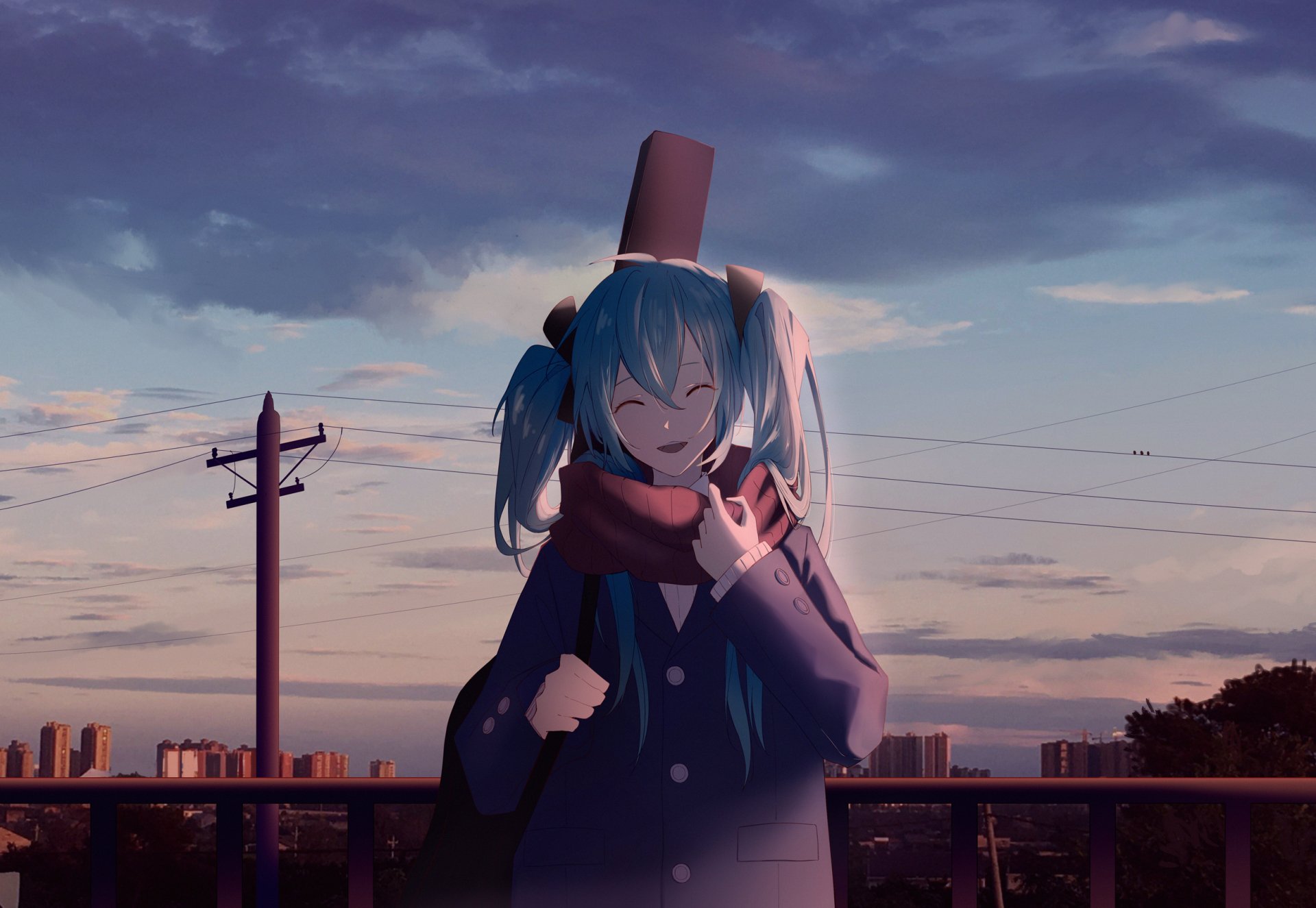 Hatsune Miku (Vocaloid) anime character with twin tails in a winter coat, smiling on a rooftop at sunset — HD PC desktop wallpaper/background.