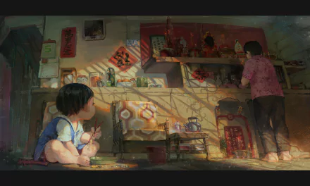 HD anime original PC desktop wallpaper depicting a warmly lit room with a child sitting on the floor and an adult organizing items on a shelf.