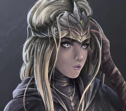 HD PC desktop wallpaper of the Fire Keeper from the video game Dark Souls III — close-up portrait with silver eyes, ornate circlet, braided hair and a dark, painterly background.