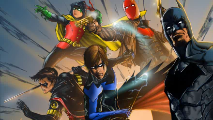 4K Ultra HD DC Comics desktop wallpaper showing Batman alongside Nightwing (Dick Grayson), Red Hood (Jason Todd), Red Robin (Tim Drake) and Robin (Damian Wayne) in a dynamic comic pose.