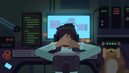 HD PC desktop wallpaper from the video game while True: learn(), showing a character focused on multiple screens displaying code and data.