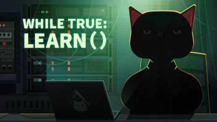 HD PC desktop wallpaper for the video game while True: learn() showing a silhouetted cat at a laptop in front of glowing server racks and the game's title.