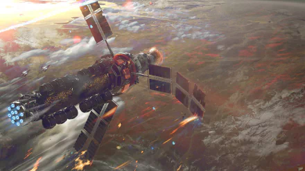 HD PC desktop wallpaper depicting a sci-fi spaceship satellite orbiting above a planet with glowing atmospheric effects.