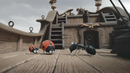 4K Ultra HD PC desktop wallpaper and background from the movie Minuscule 2: Mandibles From Far Away — two ladybugs and an ant on a wooden ship deck under a cloudy sky.