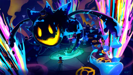 HD PC desktop wallpaper featuring vibrant, glowing characters and a mysterious atmosphere from the video game A Hat in Time.