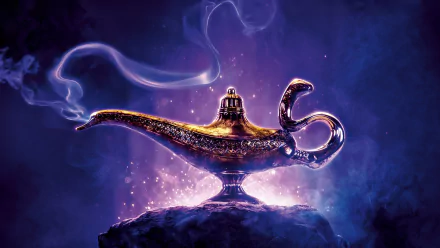 HD wallpaper featuring the magic lamp from Disney's Aladdin (2019) film, set against an enchanting purple background with swirling smoke.