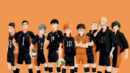 A vibrant 4K Ultra HD wallpaper featuring characters from the anime Haikyū!!, depicting a dynamic volleyball team in black jerseys against an orange background.