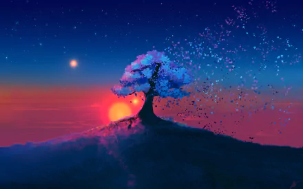 HD desktop wallpaper featuring an artistic depiction of a single tree on a hill with a vibrant sunset and starry sky. The tree appears to be dissolving into small particles, creating an ethereal effect.