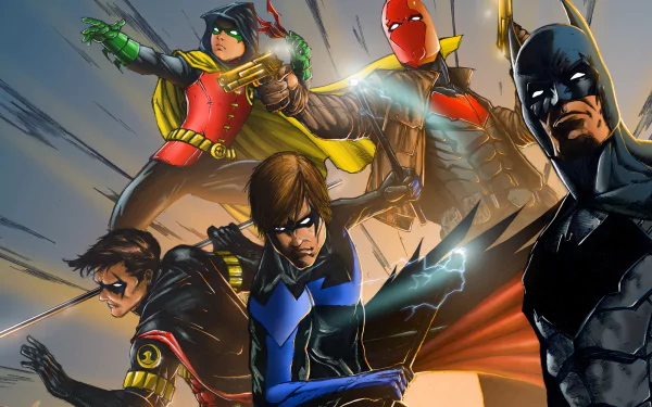 4K Ultra HD DC Comics desktop wallpaper showing Batman alongside Nightwing (Dick Grayson), Red Hood (Jason Todd), Red Robin (Tim Drake) and Robin (Damian Wayne) in a dynamic comic pose.