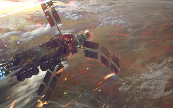 HD PC desktop wallpaper depicting a sci-fi spaceship satellite orbiting above a planet with glowing atmospheric effects.