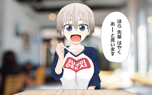 Hana Uzaki from Uzaki-chan Wants to Hang Out smiling at a cafe table in her Sugoi Dekai hoodie — 2K Quad HD anime PC desktop wallpaper/background.