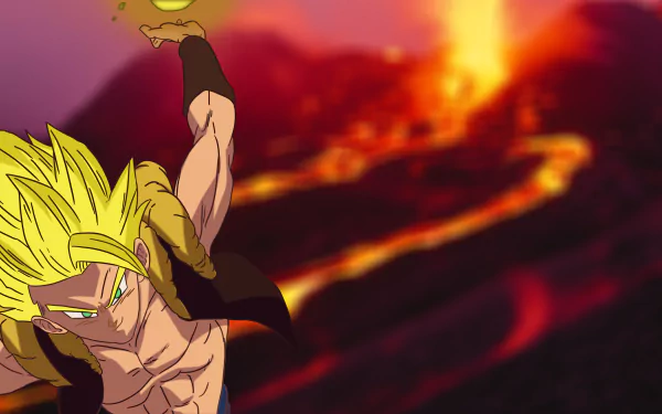 Gogeta from Dragon Ball Super with glowing yellow hair, set against a fiery volcanic eruption background in an 8K Ultra HD anime desktop wallpaper.