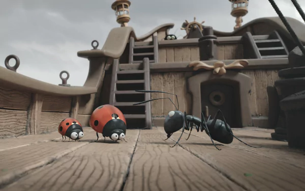 4K Ultra HD PC desktop wallpaper and background from the movie Minuscule 2: Mandibles From Far Away — two ladybugs and an ant on a wooden ship deck under a cloudy sky.
