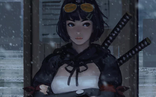 HD desktop wallpaper of a short-haired woman warrior in a fantasy setting, wearing dark clothing and carrying two swords. Snow is falling, and she stands confidently with arms crossed.