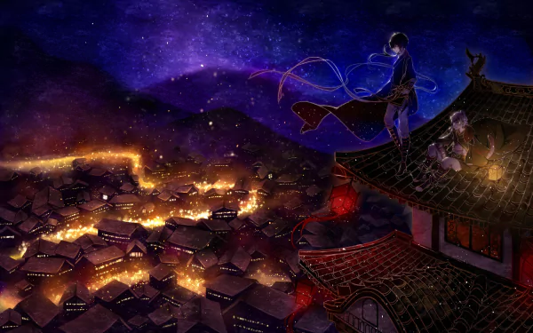 An intricate HD desktop wallpaper featuring Osamu Dazai and Atsushi Nakajima from the anime Bungou Stray Dogs, set against a vibrant night sky and a glowing cityscape.