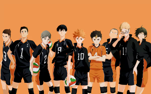 A vibrant 4K Ultra HD wallpaper featuring characters from the anime Haikyū!!, depicting a dynamic volleyball team in black jerseys against an orange background.