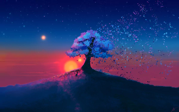 HD desktop wallpaper featuring an artistic depiction of a single tree on a hill with a vibrant sunset and starry sky. The tree appears to be dissolving into small particles, creating an ethereal effect.