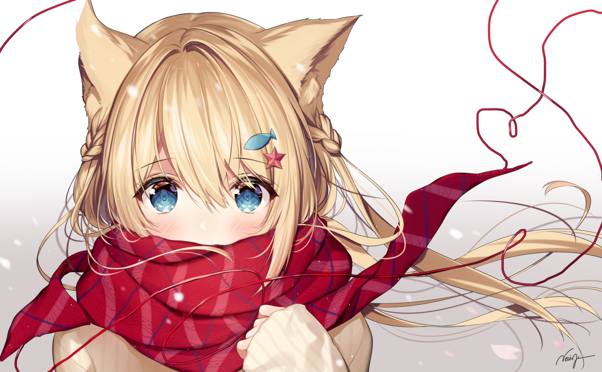 HD desktop wallpaper featuring original anime art of a blond character with cat ears, blue eyes, and a red scarf, amidst falling snow and swirling ribbons.