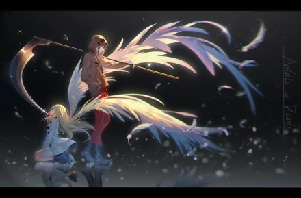 HD desktop wallpaper of Angels of Death anime featuring characters with angelic wings and a scythe, set against a dark, starry background.