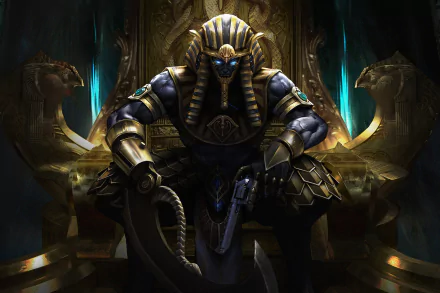 HD PC desktop wallpaper of a dark Egyptian warrior armed with a gun, seated regally between two golden lion statues in an ancient throne room.
