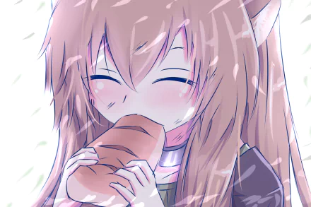 HD desktop wallpaper of Raphtalia from The Rising of the Shield Hero, featuring her smiling and eating bread with a joyful expression. The image captures the charm of the anime character.