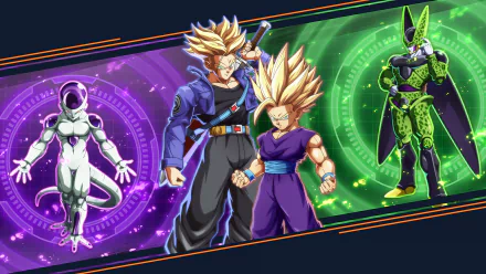 HD PC desktop wallpaper and background for the video game Dragon Ball FighterZ: Future and Kid Trunks stand between Frieza and Cell against vibrant purple and green energy rings.
