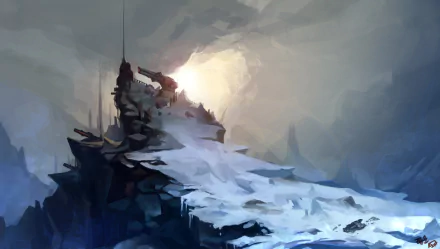 Girls Frontline video game 2K Quad HD PC desktop wallpaper: lone riflewoman on a snowy cliff under a muted sun, windswept blue-gray battlefield.