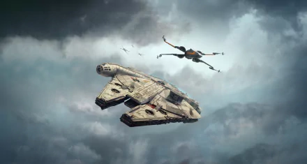 HD PC desktop wallpaper featuring the Millennium Falcon and an X-Wing starfighter soaring through a cloudy sci-fi Star Wars sky.