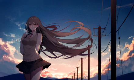 HD desktop wallpaper featuring an original Anime character with long brown hair and brown eyes, standing against a backdrop of tall utility poles and a scenic sunset sky.