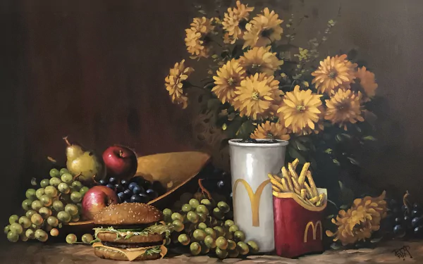 2K Quad HD PC desktop wallpaper showing a man-made still life: McDonald's burger, fries and cup set among grapes, fruit and yellow flowers.