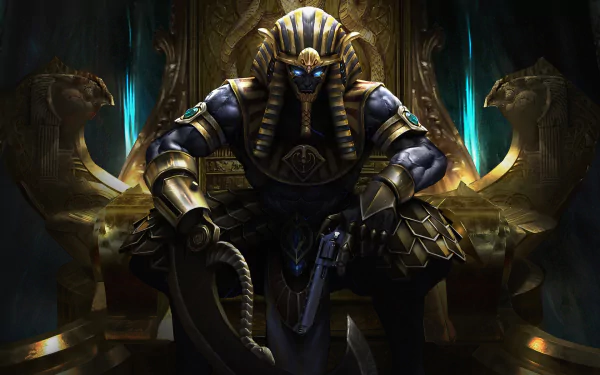 HD PC desktop wallpaper of a dark Egyptian warrior armed with a gun, seated regally between two golden lion statues in an ancient throne room.
