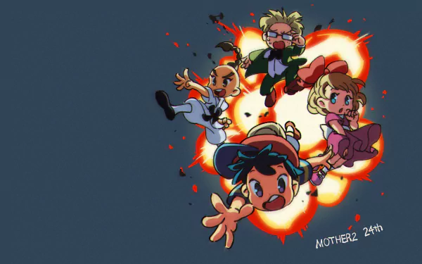 HD PC desktop wallpaper of video game EarthBound: cartoonish Ness, Paula, Jeff, and Poo leaping from a fiery burst against a dark background.