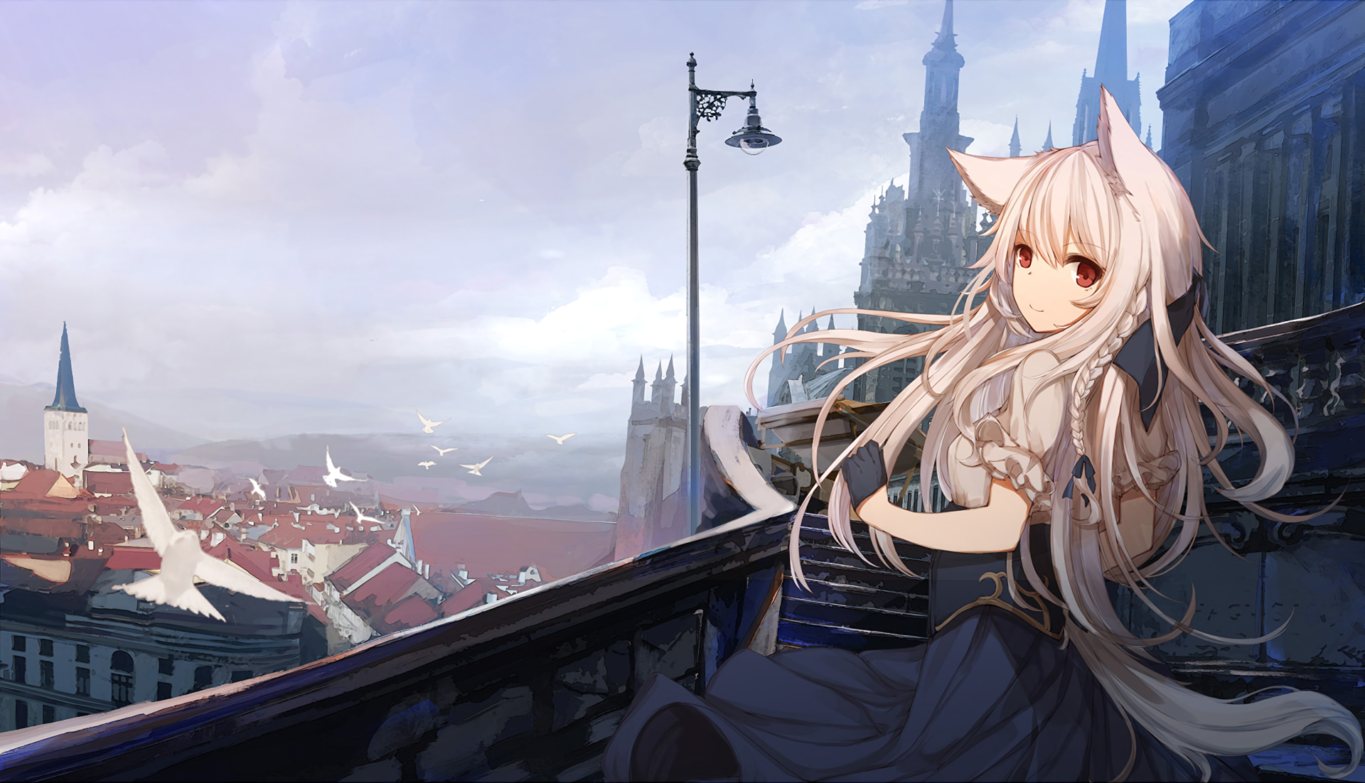 HD anime wallpaper featuring an original character with long white hair and cat ears, set against a scenic cityscape with birds flying near gothic structures.
