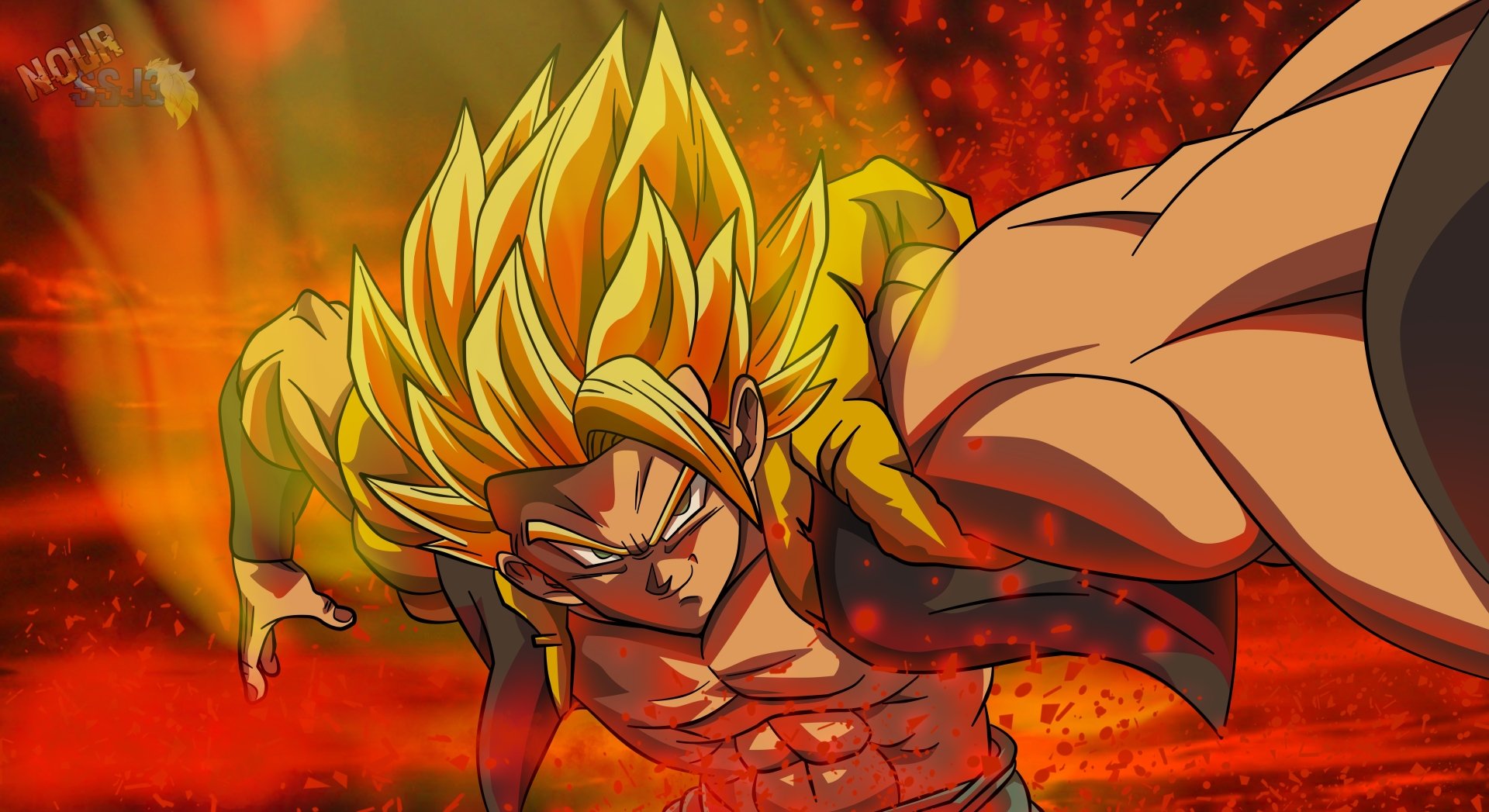 Vibrant 4K Ultra HD wallpaper featuring Super Saiyan Gogeta from Dragon Ball Super in dynamic action pose with fiery background.