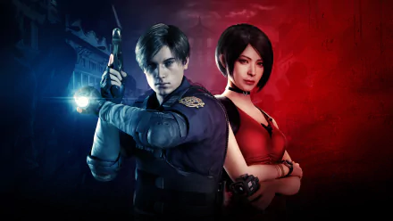 HD desktop wallpaper of Leon S. Kennedy and Ada Wong from Resident Evil 2 (2019), featuring dynamic poses against a red and blue background.