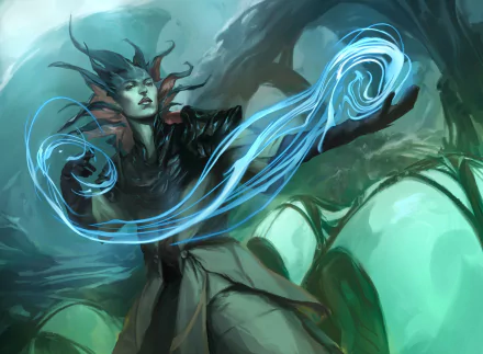 2K Quad HD PC desktop wallpaper/background: fantasy sorceress channeling swirling blue magic, dark robes and ethereal tendrils over a misty green landscape.