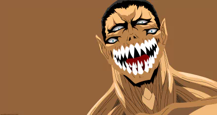 8K Ultra HD minimalist vector anime wallpaper of Gotou (Parasyte -the maxim-): close-up face with multiple eyes and a wide, jagged, toothy smile on a brown background.