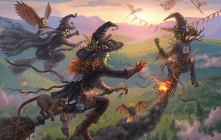 A vibrant HD fantasy desktop wallpaper featuring witches wearing hats, flying on broomsticks with cats, owls, and bats against a colorful sunset sky.